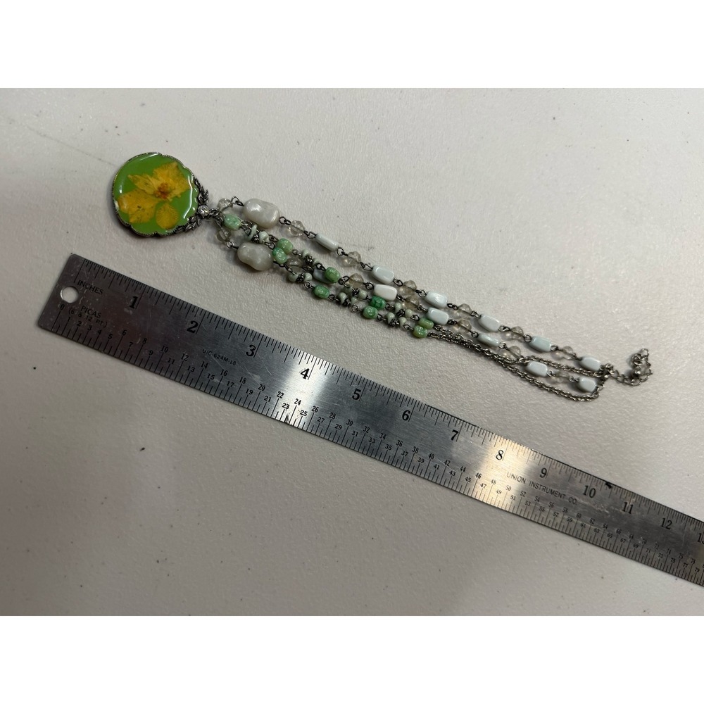 Vintage Pressed Flower Resin Pendant Multi Strand Beaded Necklace Green Yellow